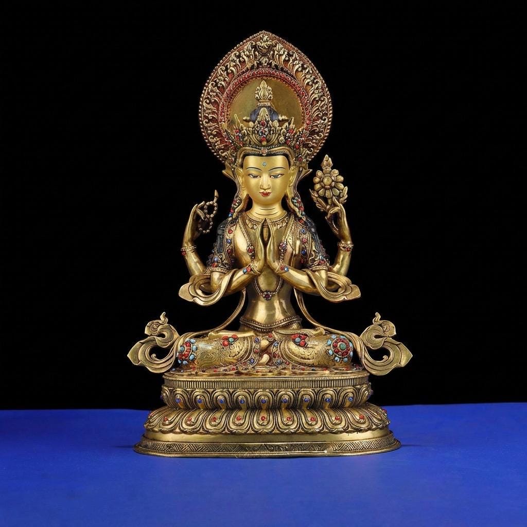 Tibetan Four-Armed Chenrezig Statue - 10" Bronze Avalokiteshvara Buddha Figurine for Home Altar Sacred Buddhist Decor
