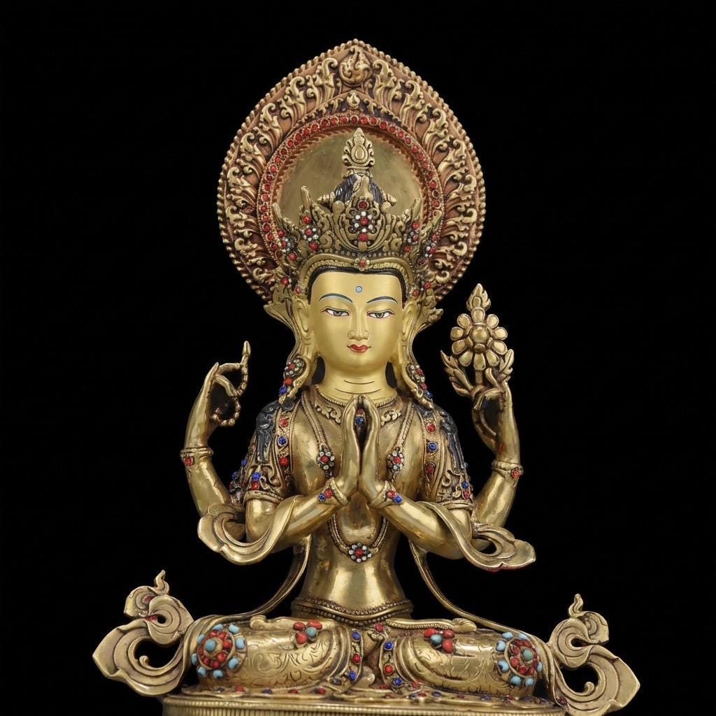Tibetan Four-Armed Chenrezig Statue - 10" Bronze Avalokiteshvara Buddha Figurine for Home Altar Sacred Buddhist Decor