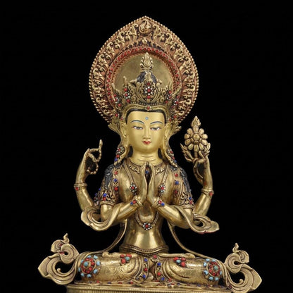 Tibetan Four-Armed Chenrezig Statue - 10" Bronze Avalokiteshvara Buddha Figurine for Home Altar Sacred Buddhist Decor