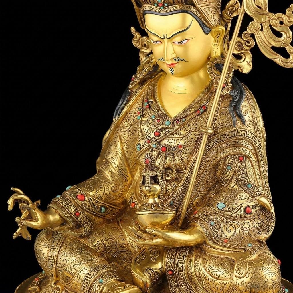 Handmade Nepalese Padmasambhava Statue - Hand-Chiseled Copper Guru Rinpoche - Rare Tibetan Buddhist Art - 21.26" Large Lotus Master Sculptur