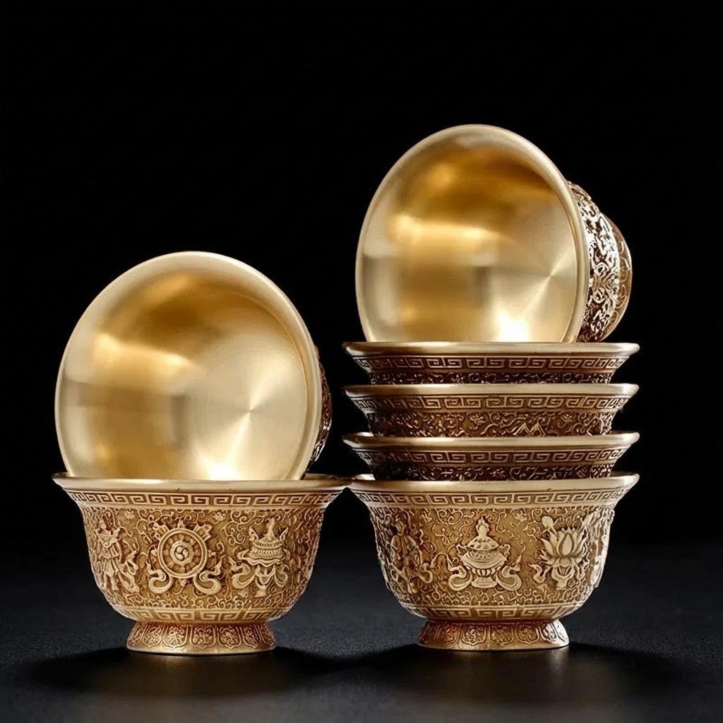 Handcrafted Brass Offering Bowl, Tibetan Buddhist Copper Altar Cup, for Rituals Meditation