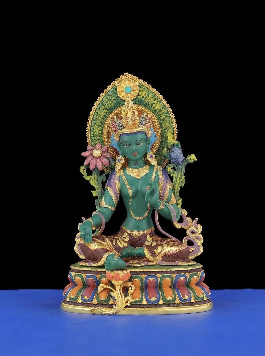 Nepali Green Tara Statue in 2 Styles - 5.9" Gold Gilded or Hand-Painted Tibetan Buddha - Copper Goddess Figurine for Home Altar & Meditation
