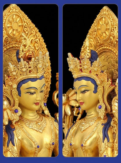 Nepali Green Tara Statue in 2 Styles - 5.9" Gold Gilded or Hand-Painted Tibetan Buddha - Copper Goddess Figurine for Home Altar & Meditation