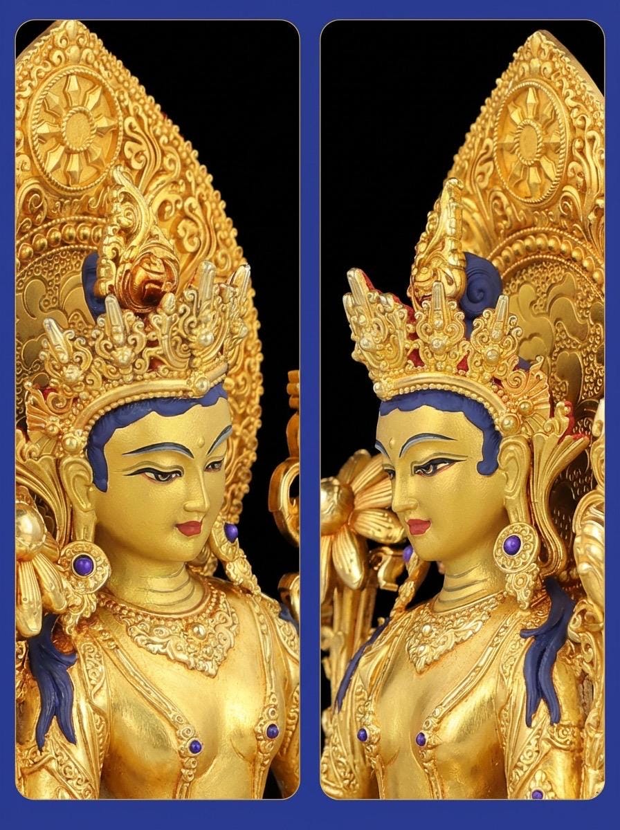 Nepali Green Tara Statue in 2 Styles - 5.9" Gold Gilded or Hand-Painted Tibetan Buddha - Copper Goddess Figurine for Home Altar & Meditation
