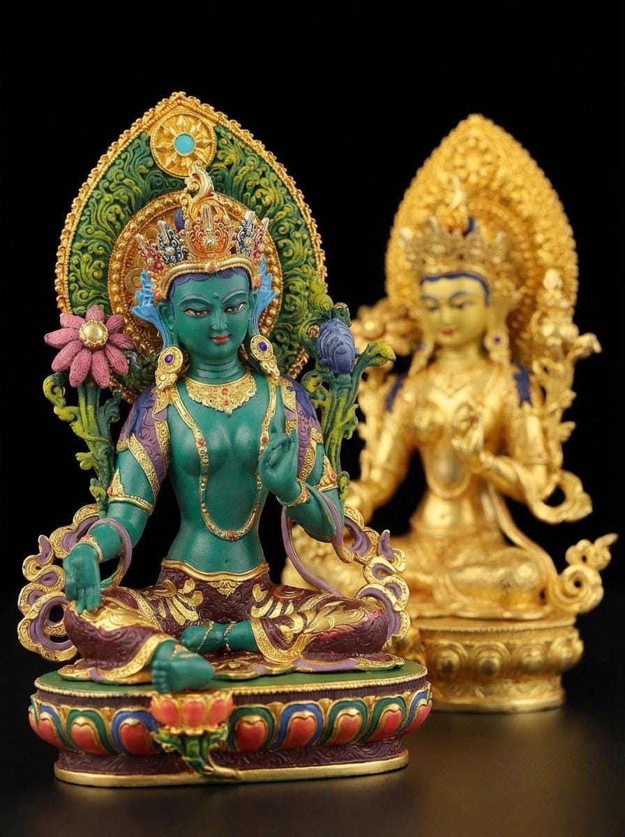 Nepali Green Tara Statue in 2 Styles - 5.9" Gold Gilded or Hand-Painted Tibetan Buddha - Copper Goddess Figurine for Home Altar & Meditation