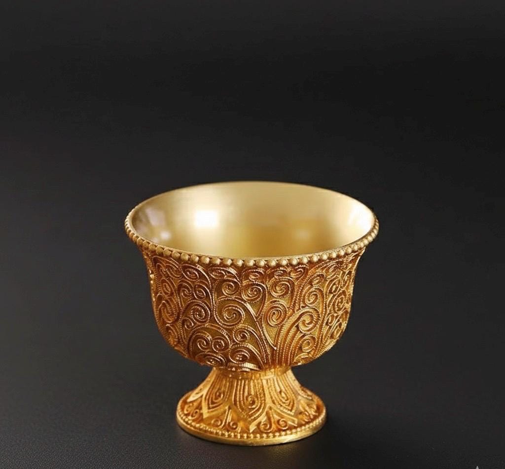 Solid Brass Buddhist Offering Cup, Intricate Filigree Altar Bowl, Tibetan Style Holy Water Vessel, Feng Shui Meditation Shrine Decor
