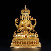 Handcrafted 4-Inch Chenrezig Buddha Statue, Nepali Mercury Gold Plated Copper, Exquisite Four-Armed Avalokiteshvara, Tibetan Buddhist Art
