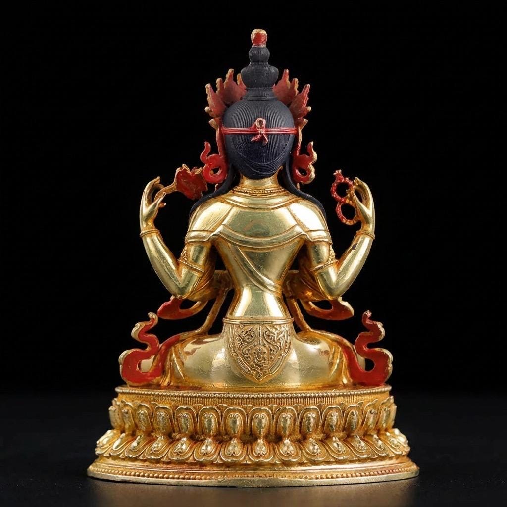 Handcrafted 4-Inch Chenrezig Buddha Statue, Nepali Mercury Gold Plated Copper, Exquisite Four-Armed Avalokiteshvara, Tibetan Buddhist Art