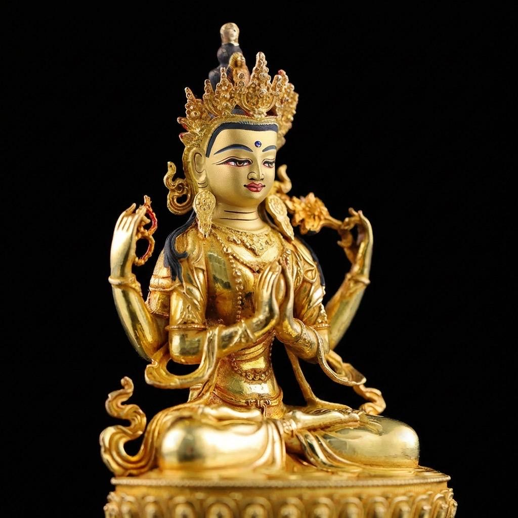Handcrafted 4-Inch Chenrezig Buddha Statue, Nepali Mercury Gold Plated Copper, Exquisite Four-Armed Avalokiteshvara, Tibetan Buddhist Art