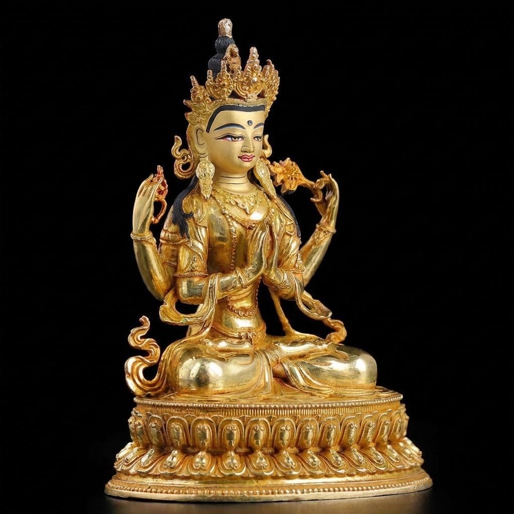 Handcrafted 4-Inch Chenrezig Buddha Statue, Nepali Mercury Gold Plated Copper, Exquisite Four-Armed Avalokiteshvara, Tibetan Buddhist Art