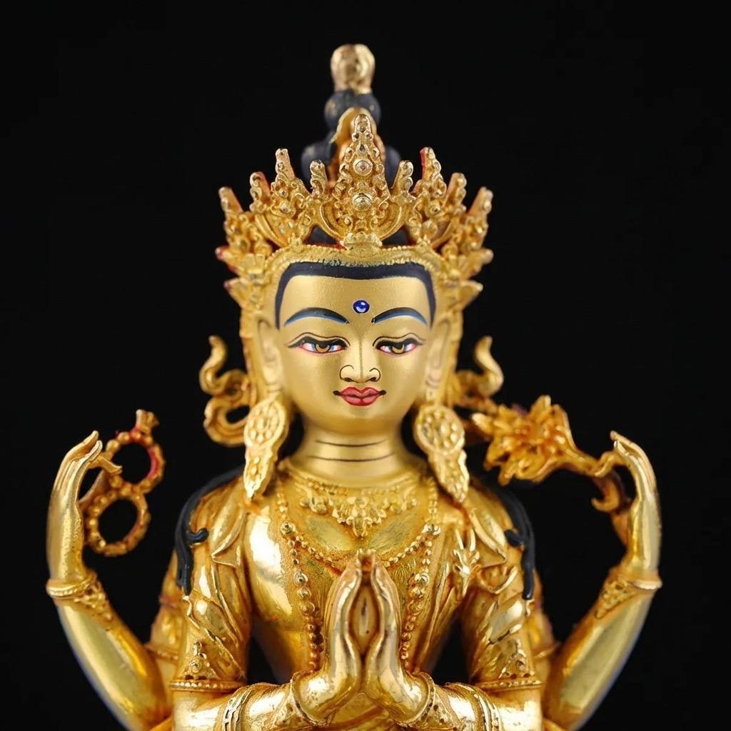 Handcrafted 4-Inch Chenrezig Buddha Statue, Nepali Mercury Gold Plated Copper, Exquisite Four-Armed Avalokiteshvara, Tibetan Buddhist Art