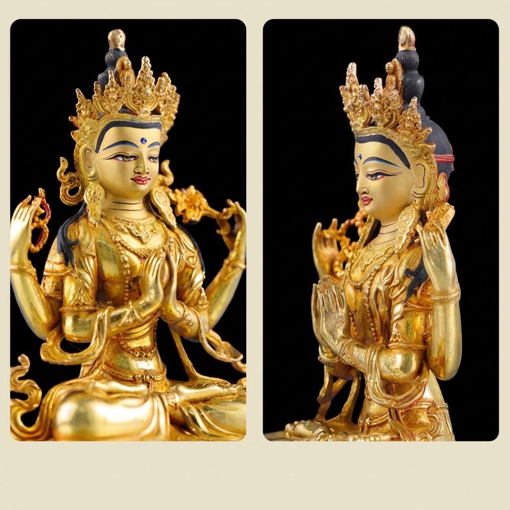 Handcrafted 4-Inch Chenrezig Buddha Statue, Nepali Mercury Gold Plated Copper, Exquisite Four-Armed Avalokiteshvara, Tibetan Buddhist Art
