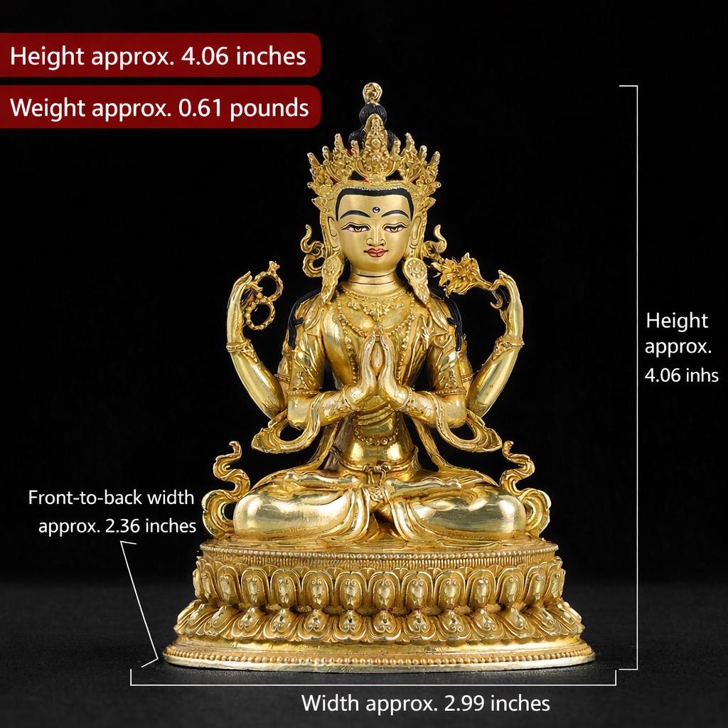 Handcrafted 4-Inch Chenrezig Buddha Statue, Nepali Mercury Gold Plated Copper, Exquisite Four-Armed Avalokiteshvara, Tibetan Buddhist Art