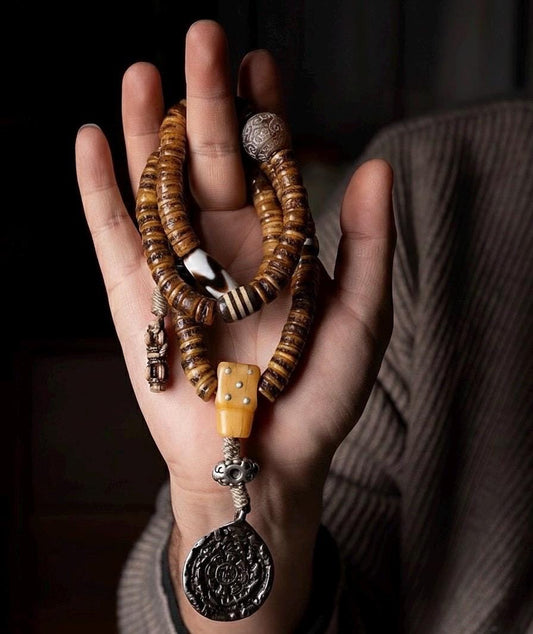Antique Style Tibetan Yak Bone Mala Beads - 108 Prayer Beads Necklace - Hand-Carved Spirit Bone Rosary for Meditation-Zen Gift