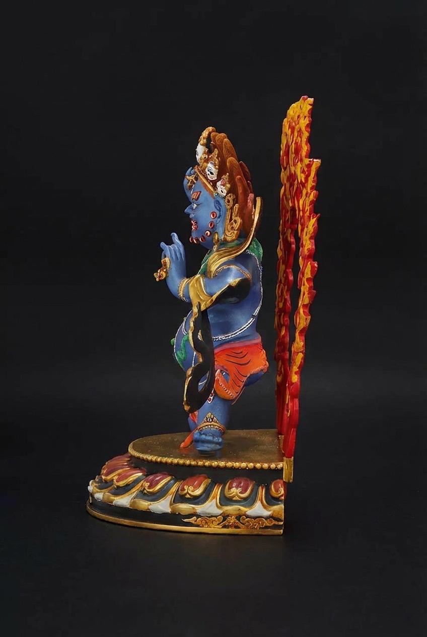 Handcrafted Vajrapani Statue - 10.6" Nepali Copper Buddha - Tibetan Buddhist Painted Bodhisattva with Flaming Backlight