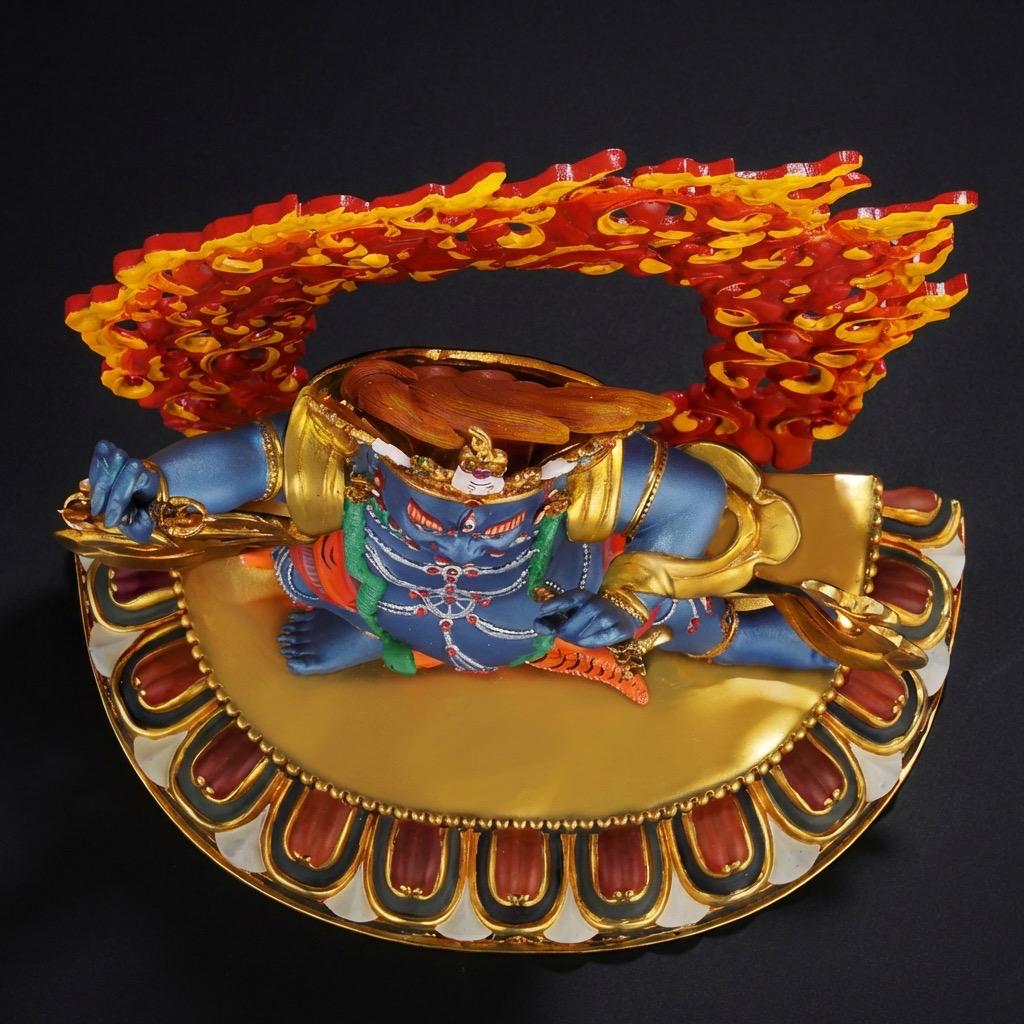 Handcrafted Vajrapani Statue - 10.6" Nepali Copper Buddha - Tibetan Buddhist Painted Bodhisattva with Flaming Backlight