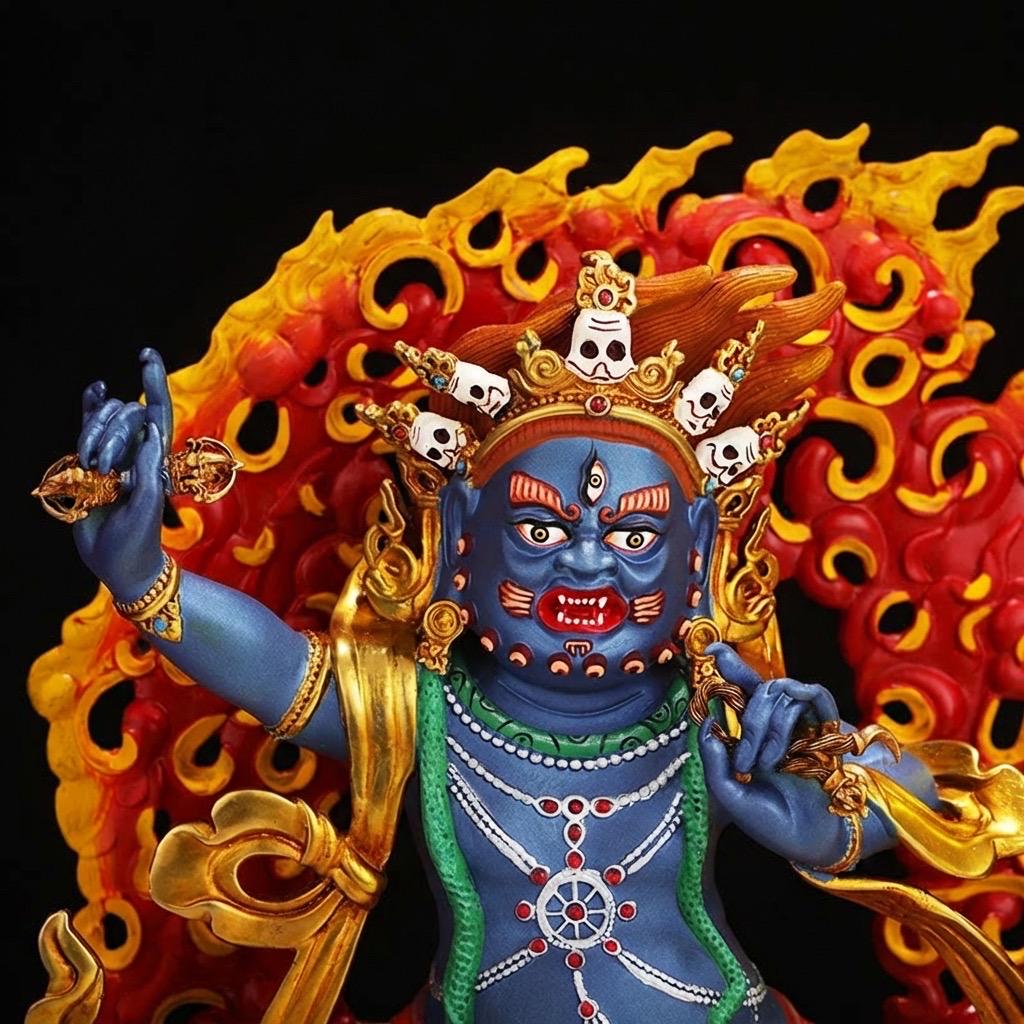 Handcrafted Vajrapani Statue - 10.6" Nepali Copper Buddha - Tibetan Buddhist Painted Bodhisattva with Flaming Backlight