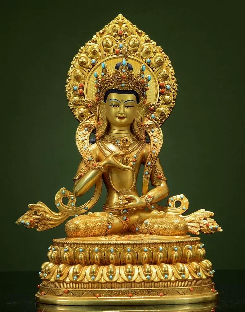 Gilded Vajrasattva Statue, 24K Gold Plated Copper Buddhist Deity, Exquisite Tibetan Buddha Figurine for Home Altar