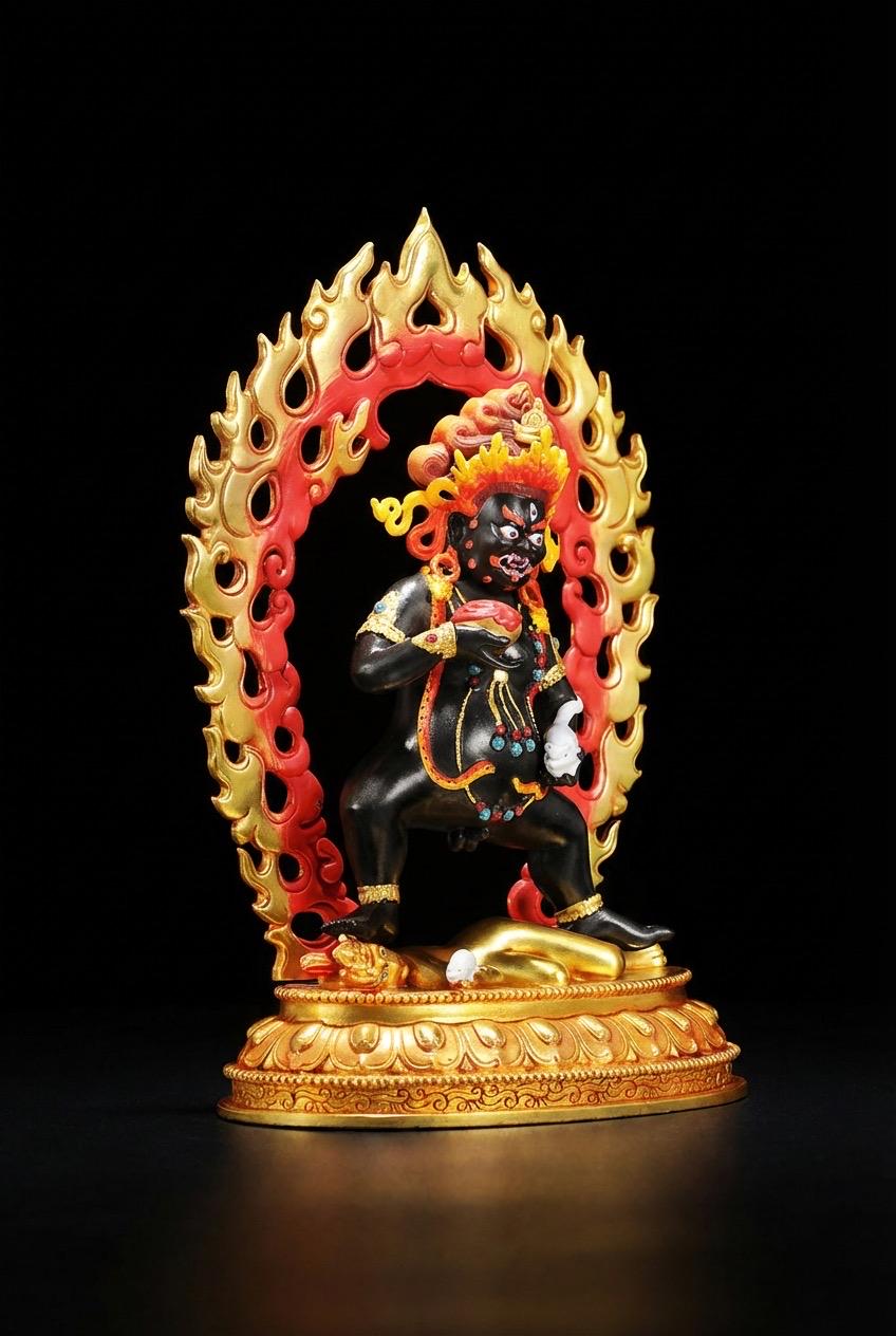 Handmade Black Jambhala Statue - Tibetan God of Wealth - 10.6" Nepalese Copper Painted Buddhist Deity - Feng Shui Wealth Protector