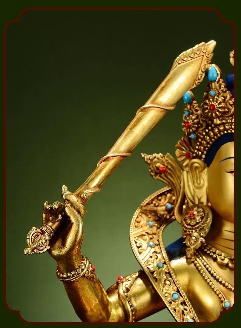 Manjushri Buddha Statue, Fully Gilded Gold Manjushri Copper Sculpture, Manjusri Bodhisattva Wisdom Buddha Home Decor, Sacred Buddhist Art