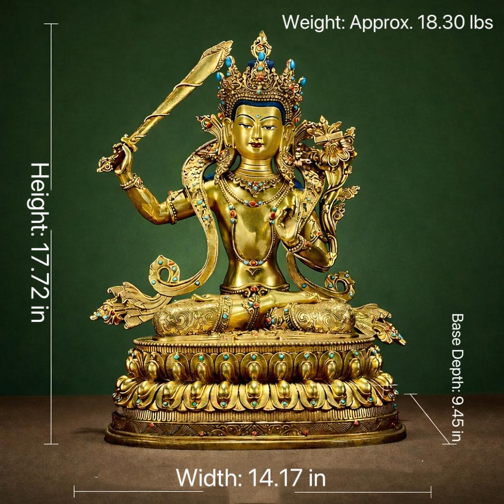 Manjushri Buddha Statue, Fully Gilded Gold Manjushri Copper Sculpture, Manjusri Bodhisattva Wisdom Buddha Home Decor, Sacred Buddhist Art
