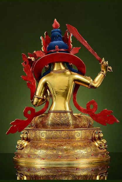 Manjushri Buddha Statue, Fully Gilded Gold Manjushri Copper Sculpture, Manjusri Bodhisattva Wisdom Buddha Home Decor, Sacred Buddhist Art
