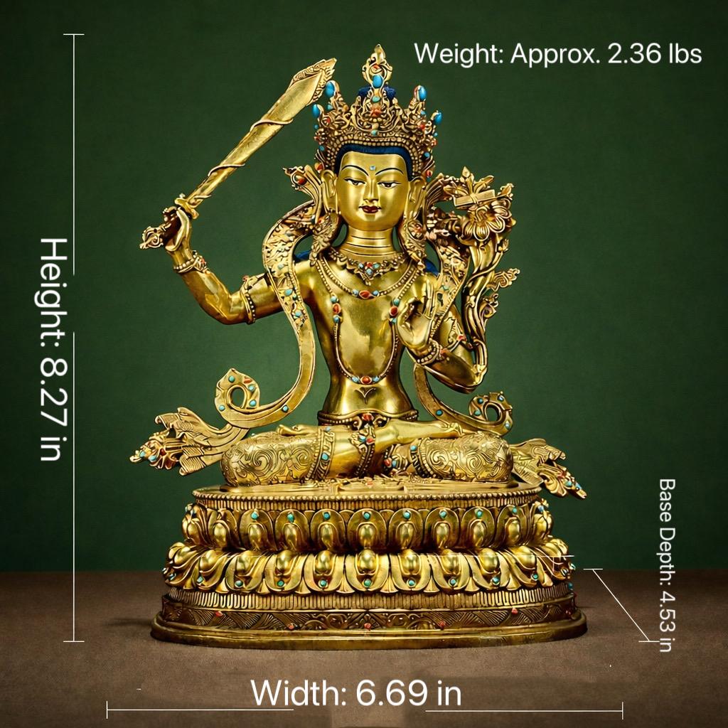 Manjushri Buddha Statue, Fully Gilded Gold Manjushri Copper Sculpture, Manjusri Bodhisattva Wisdom Buddha Home Decor, Sacred Buddhist Art