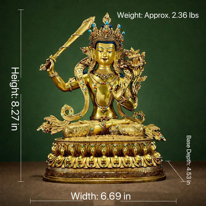 Manjushri Buddha Statue, Fully Gilded Gold Manjushri Copper Sculpture, Manjusri Bodhisattva Wisdom Buddha Home Decor, Sacred Buddhist Art