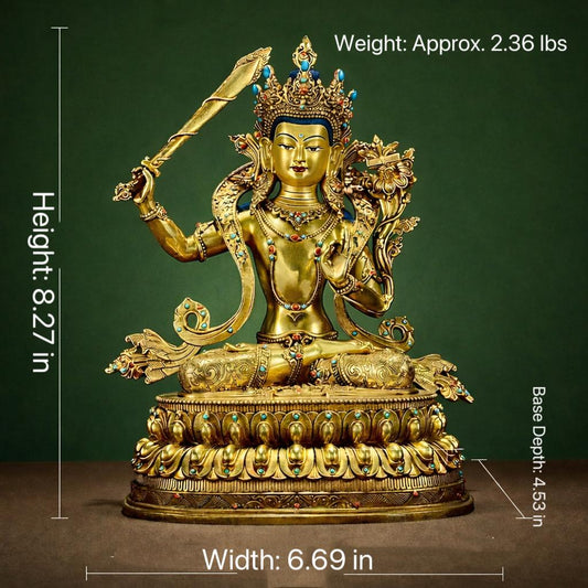 Manjushri Buddha Statue, Fully Gilded Gold Manjushri Copper Sculpture, Manjusri Bodhisattva Wisdom Buddha Home Decor, Sacred Buddhist Art