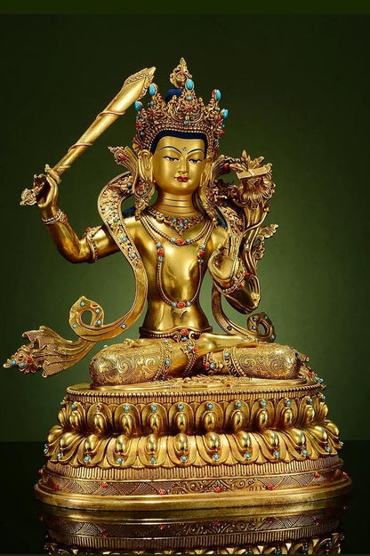 Manjushri Buddha Statue, Fully Gilded Gold Manjushri Copper Sculpture, Manjusri Bodhisattva Wisdom Buddha Home Decor, Sacred Buddhist Art