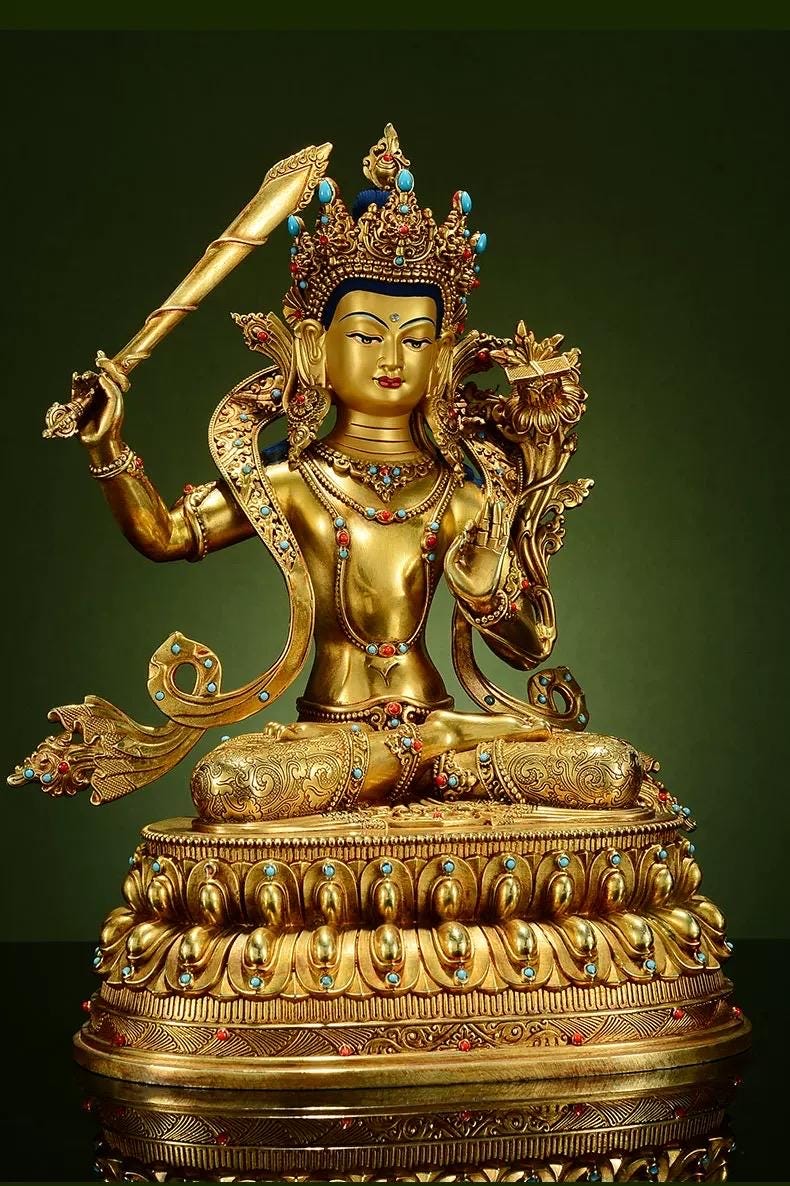 Manjushri Buddha Statue, Fully Gilded Gold Manjushri Copper Sculpture, Manjusri Bodhisattva Wisdom Buddha Home Decor, Sacred Buddhist Art