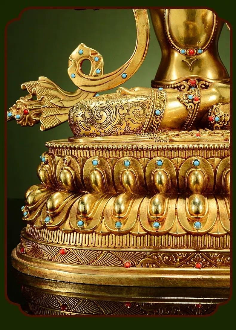 Manjushri Buddha Statue, Fully Gilded Gold Manjushri Copper Sculpture, Manjusri Bodhisattva Wisdom Buddha Home Decor, Sacred Buddhist Art