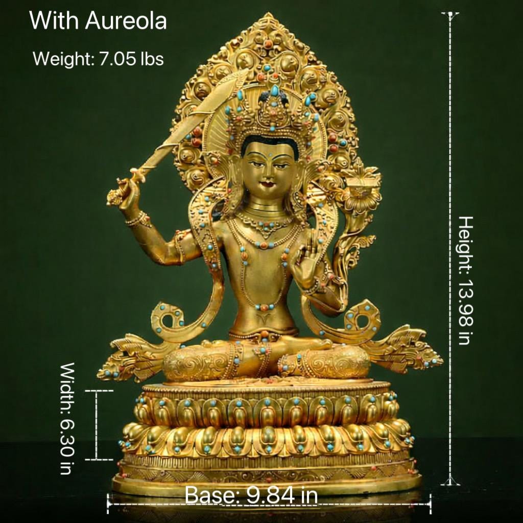 Manjushri Buddha Statue, Fully Gilded Gold Manjushri Copper Sculpture, Manjusri Bodhisattva Wisdom Buddha Home Decor, Sacred Buddhist Art