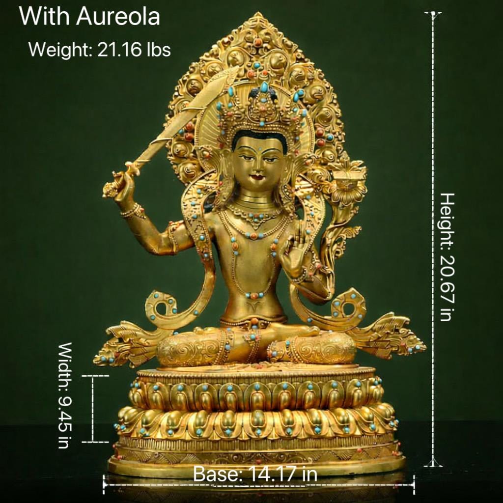 Manjushri Buddha Statue, Fully Gilded Gold Manjushri Copper Sculpture, Manjusri Bodhisattva Wisdom Buddha Home Decor, Sacred Buddhist Art