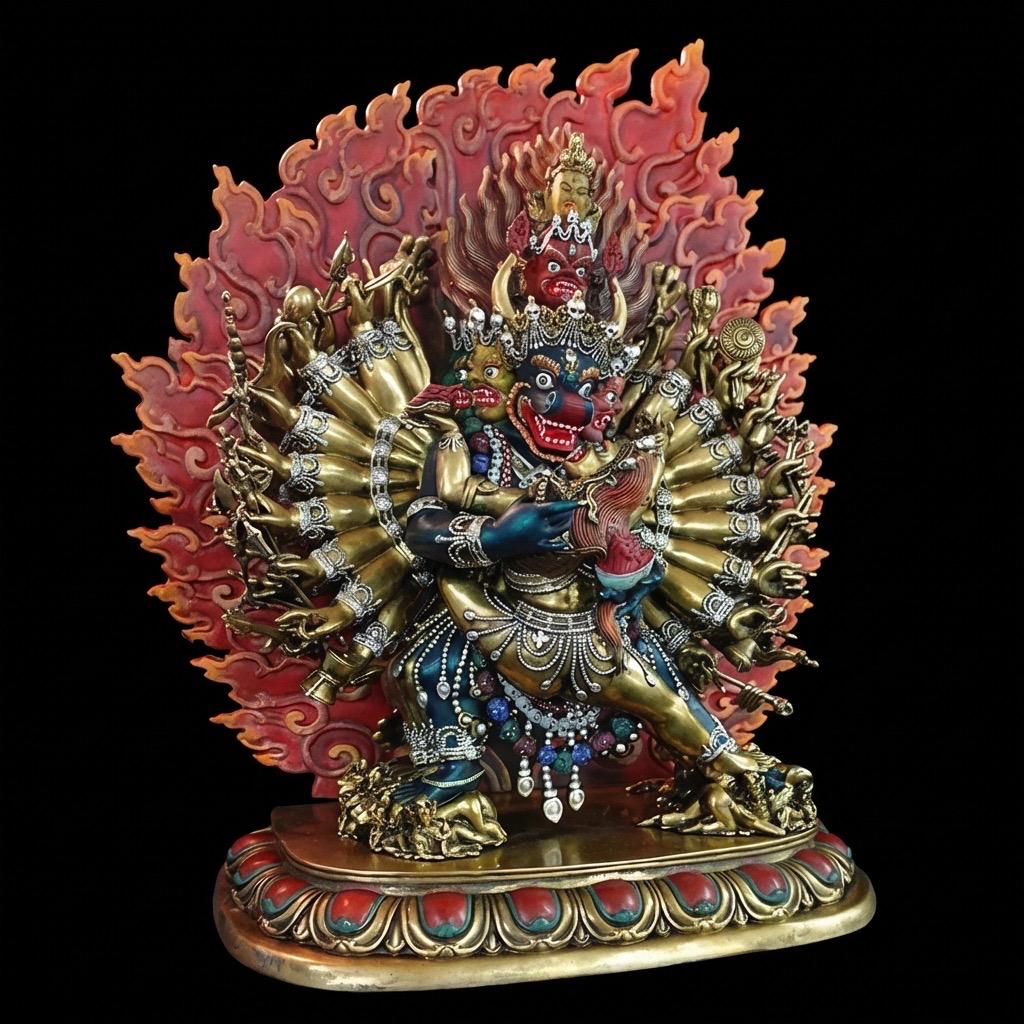 Vajrabhairava Statue - Tibetan Yamantaka Buddha with Hand-painted Halo - Nepalese Bronze Art - Tantric Buddhist Protector Sculpture