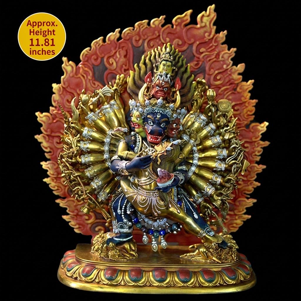 Vajrabhairava Statue - Tibetan Yamantaka Buddha with Hand-painted Halo - Nepalese Bronze Art - Tantric Buddhist Protector Sculpture