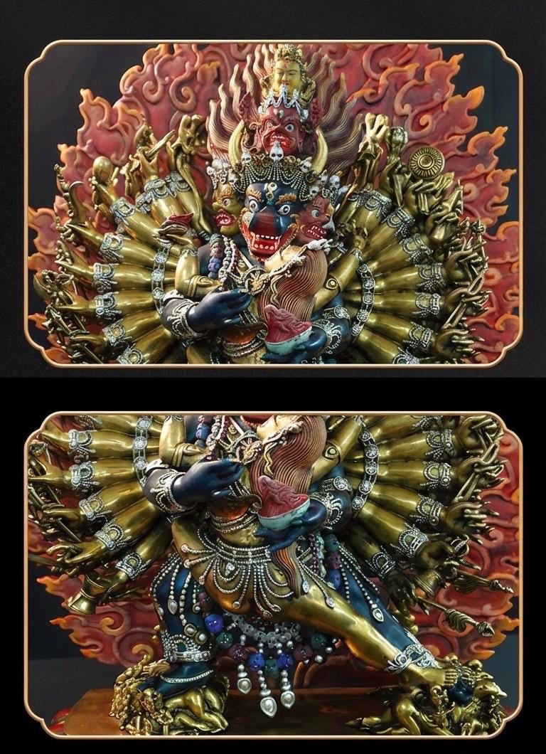Vajrabhairava Statue - Tibetan Yamantaka Buddha with Hand-painted Halo - Nepalese Bronze Art - Tantric Buddhist Protector Sculpture