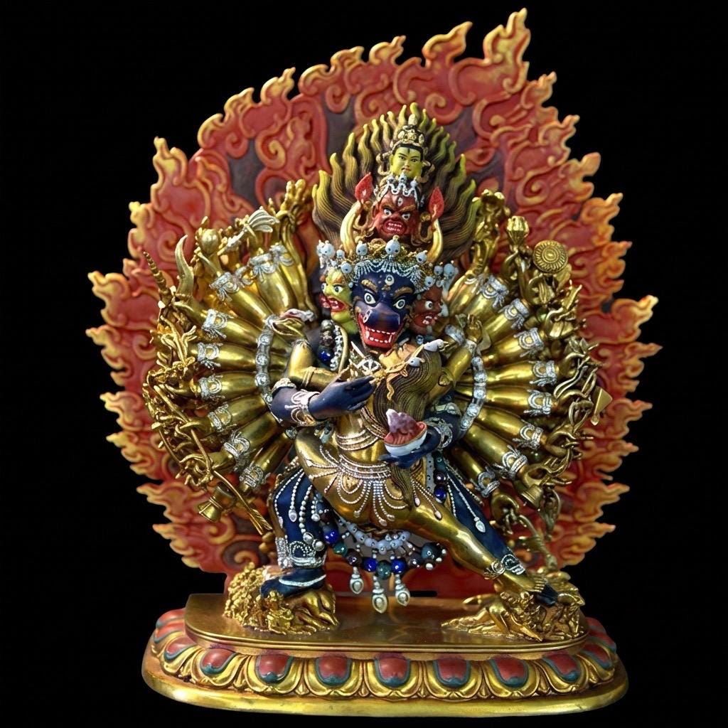 Vajrabhairava Statue - Tibetan Yamantaka Buddha with Hand-painted Halo - Nepalese Bronze Art - Tantric Buddhist Protector Sculpture
