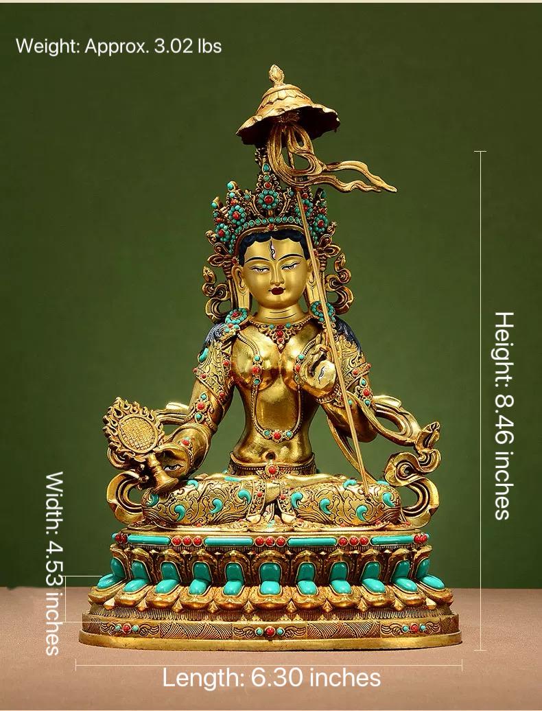 Gilded Copper Sitatapatra Statue, White Umbrella Goddess, Dukkar Buddha, Inlaid Colorful Beads, Tibetan Buddhist Art for Home Decor Altar