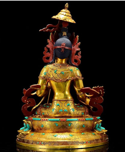 Gilded Copper Sitatapatra Statue, White Umbrella Goddess, Dukkar Buddha, Inlaid Colorful Beads, Tibetan Buddhist Art for Home Decor Altar