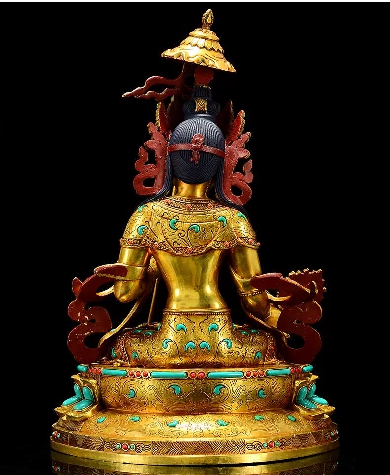 Gilded Copper Sitatapatra Statue, White Umbrella Goddess, Dukkar Buddha, Inlaid Colorful Beads, Tibetan Buddhist Art for Home Decor Altar