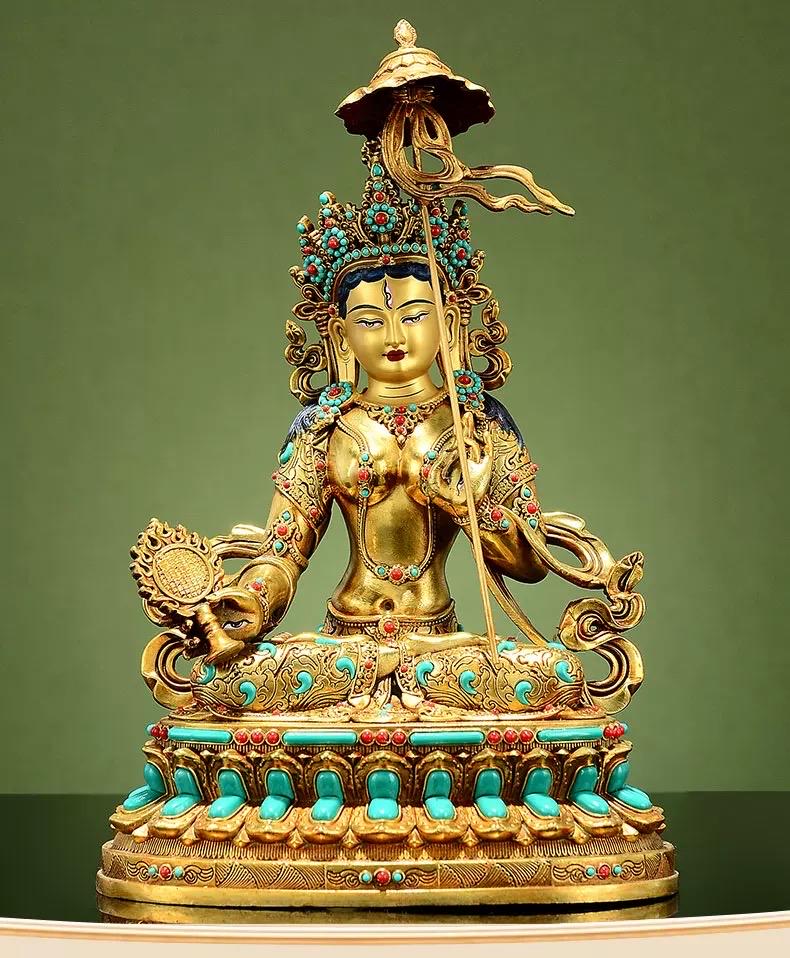 Gilded Copper Sitatapatra Statue, White Umbrella Goddess, Dukkar Buddha, Inlaid Colorful Beads, Tibetan Buddhist Art for Home Decor Altar