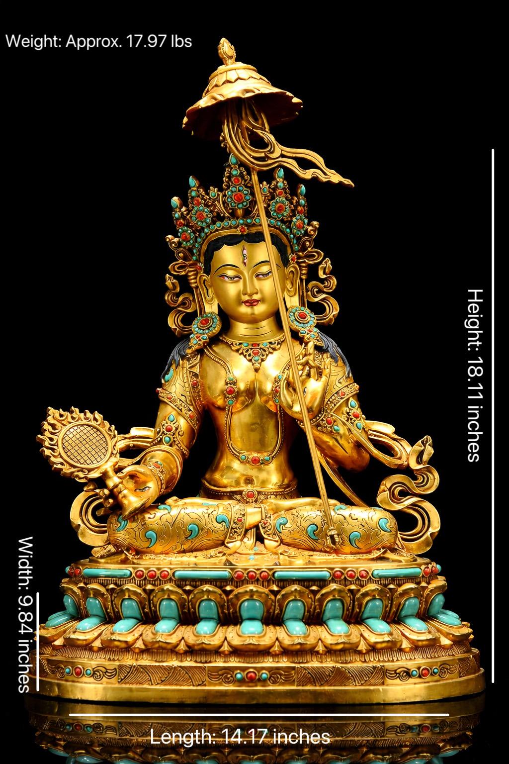 Gilded Copper Sitatapatra Statue, White Umbrella Goddess, Dukkar Buddha, Inlaid Colorful Beads, Tibetan Buddhist Art for Home Decor Altar