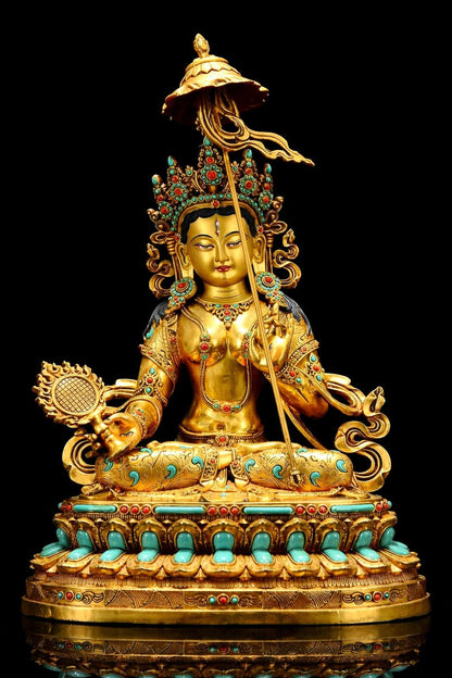 Gilded Copper Sitatapatra Statue, White Umbrella Goddess, Dukkar Buddha, Inlaid Colorful Beads, Tibetan Buddhist Art for Home Decor Altar