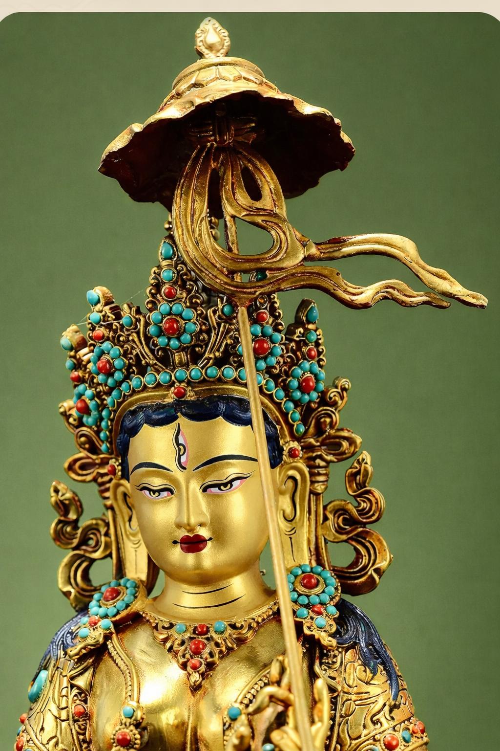 Gilded Copper Sitatapatra Statue, White Umbrella Goddess, Dukkar Buddha, Inlaid Colorful Beads, Tibetan Buddhist Art for Home Decor Altar