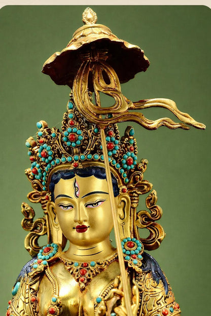 Gilded Copper Sitatapatra Statue, White Umbrella Goddess, Dukkar Buddha, Inlaid Colorful Beads, Tibetan Buddhist Art for Home Decor Altar
