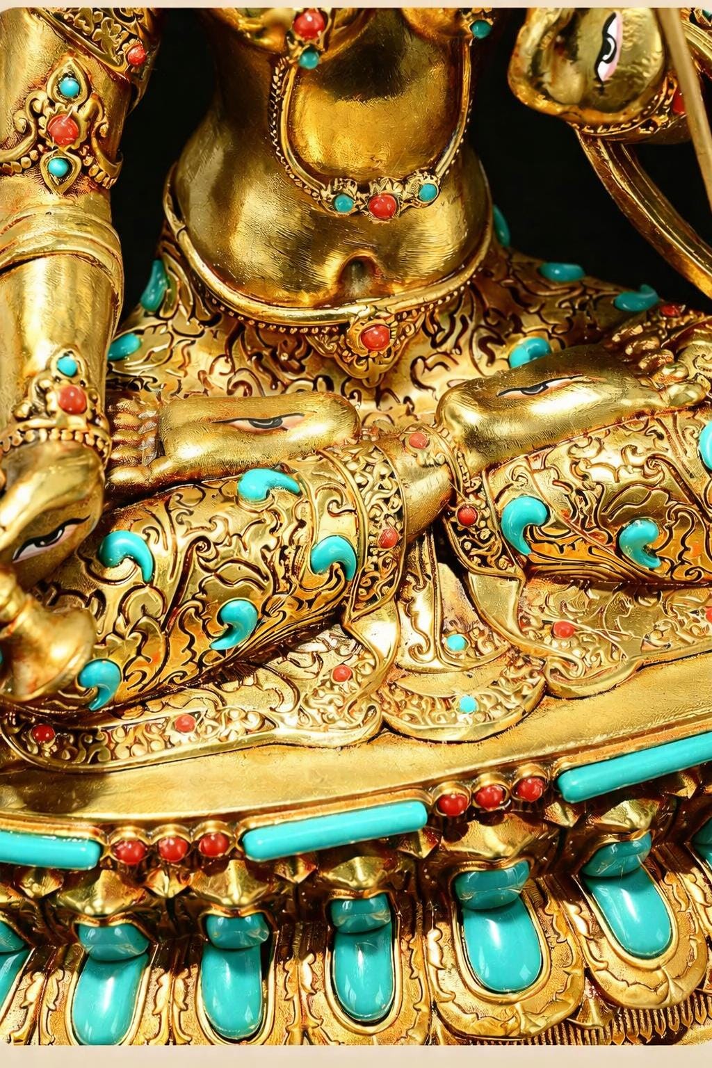 Gilded Copper Sitatapatra Statue, White Umbrella Goddess, Dukkar Buddha, Inlaid Colorful Beads, Tibetan Buddhist Art for Home Decor Altar