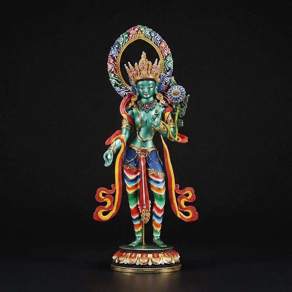 Green Tara Bodhisattva Statue, Hand-Engraved Copper Buddha, Nepali Painted Buddhist Deity, Zen Home Decor, Mindfulness Altar Accessory