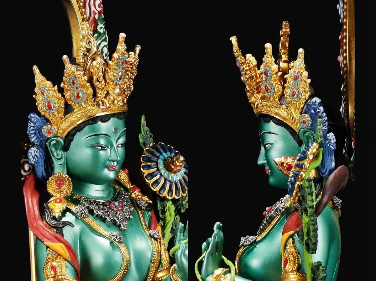 Green Tara Bodhisattva Statue, Hand-Engraved Copper Buddha, Nepali Painted Buddhist Deity, Zen Home Decor, Mindfulness Altar Accessory