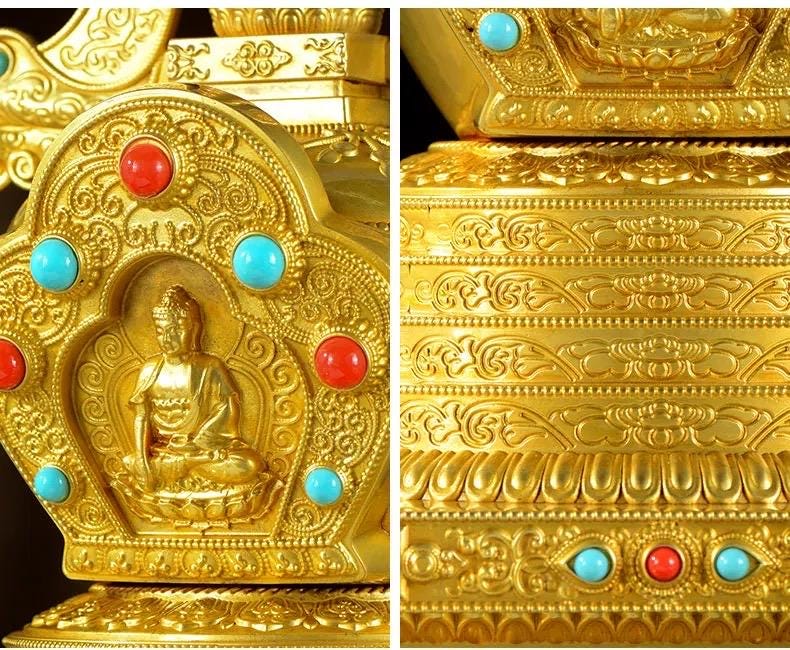 Gold Gilt Brass Buddhist Stupa Pagoda | Tibetan Relic Tower | Sacred Altar & Meditation Home Decor